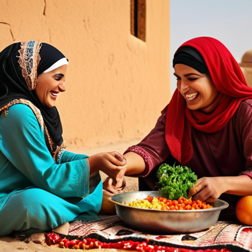 ** A vibrant oasis scene. Local women are laughing together, preparing a traditional healthy meal with fresh vegetables and fruits. Focus on warm, earthy tones and authentic Arabic clothing.

**
