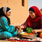 ** A vibrant oasis scene. Local women are laughing together, preparing a traditional healthy meal with fresh vegetables and fruits. Focus on warm, earthy tones and authentic Arabic clothing.

**