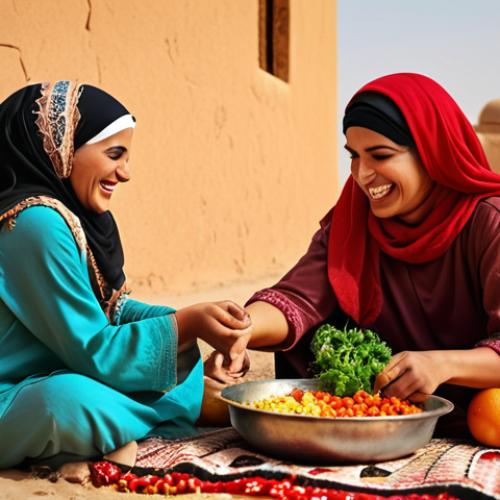 Home 11 ** A vibrant oasis scene. Local women are laughing together, preparing a traditional healthy meal with fresh vegetables and fruits. Focus on warm, earthy tones and authentic Arabic clothing.
**