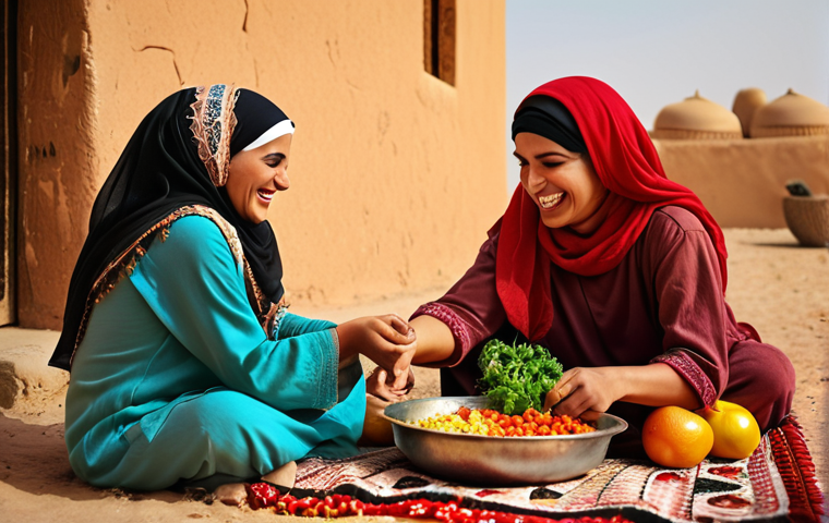 ** A vibrant oasis scene. Local women are laughing together, preparing a traditional healthy meal with fresh vegetables and fruits. Focus on warm, earthy tones and authentic Arabic clothing.
**