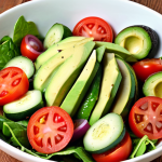 **

A vibrant Mediterranean salad featuring fresh avocado, tomatoes, cucumbers, red onion, drizzled with extra virgin olive oil.  Focus on the healthy and colorful ingredients.

**