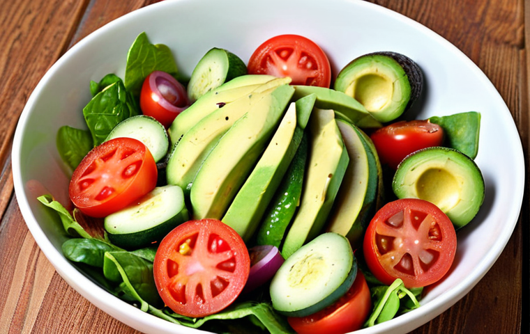 **
A vibrant Mediterranean salad featuring fresh avocado, tomatoes, cucumbers, red onion, drizzled with extra virgin olive oil. Focus on the healthy and colorful ingredients.
**