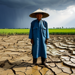 A weathered Jangsu farmer, an adult, stands amidst a field heavily impacted by erratic weather. The ground shows signs of severe drought with cracked soil, contrasting with areas exhibiting water damage from recent unexpected floods, illustrating the challenges of climate change on traditional agriculture. The farmer wears traditional, modest, and appropriate farming attire, with a thoughtful, resilient expression. The dramatic sky features both harsh sunlight and distant storm clouds. Professional photography captures the raw, authentic reality of the struggle. safe for work, appropriate content, fully clothed, professional, perfect anatomy, correct proportions, natural pose, well-formed hands, proper finger count, natural body proportions.