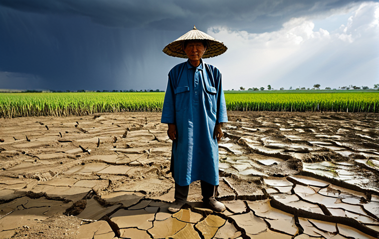 A weathered Jangsu farmer, an adult, stands amidst a field heavily impacted by erratic weather. The ground shows signs of severe drought with cracked soil, contrasting with areas exhibiting water damage from recent unexpected floods, illustrating the challenges of climate change on traditional agriculture. The farmer wears traditional, modest, and appropriate farming attire, with a thoughtful, resilient expression. The dramatic sky features both harsh sunlight and distant storm clouds. Professional photography captures the raw, authentic reality of the struggle. safe for work, appropriate content, fully clothed, professional, perfect anatomy, correct proportions, natural pose, well-formed hands, proper finger count, natural body proportions.