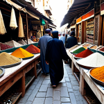 **

"A bustling traditional Middle Eastern marketplace, filled with vendors selling handcrafted carpets, pottery, and silver jewelry. People are browsing the colorful displays, fully clothed in modest, traditional attire. Spices and fragrant herbs are visible. Safe for work, appropriate content, professional photography, perfect anatomy, natural proportions, family-friendly scene."

**