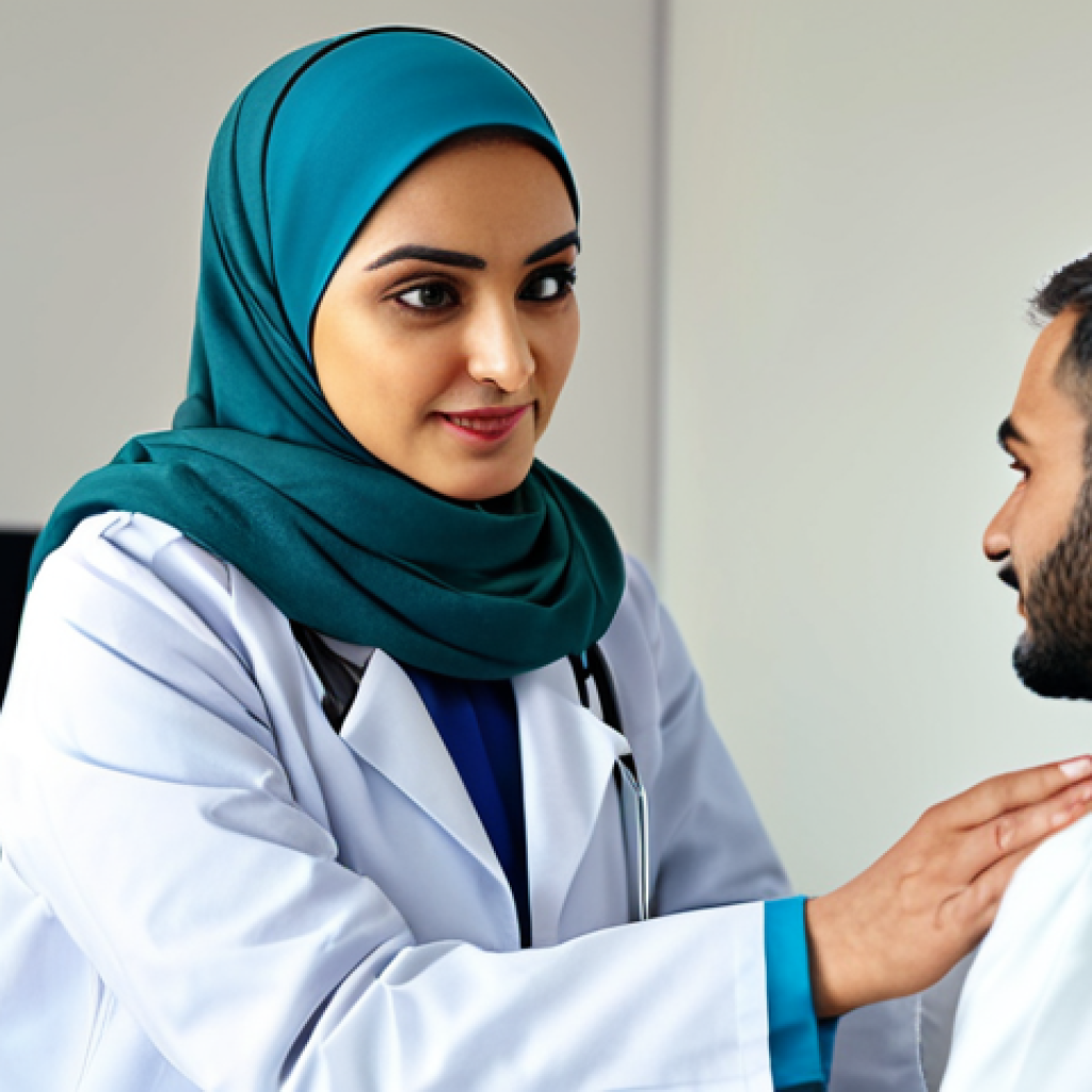 **

"A professional female doctor in a clean, modern clinic consulting with a fully clothed patient. The doctor is wearing a modest hijab and a white coat. The patient is wearing traditional Arabian attire. Soft, natural lighting.  Focus on the doctor’s kind expression. Safe for work, appropriate content, professional, perfect anatomy, correct proportions, well-formed hands."

**