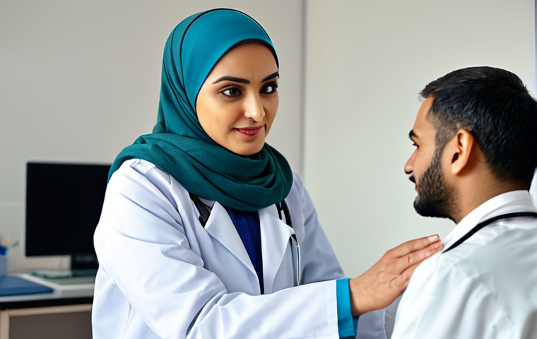 **
"A professional female doctor in a clean, modern clinic consulting with a fully clothed patient. The doctor is wearing a modest hijab and a white coat. The patient is wearing traditional Arabian attire. Soft, natural lighting. Focus on the doctor’s kind expression. Safe for work, appropriate content, professional, perfect anatomy, correct proportions, well-formed hands."
**
