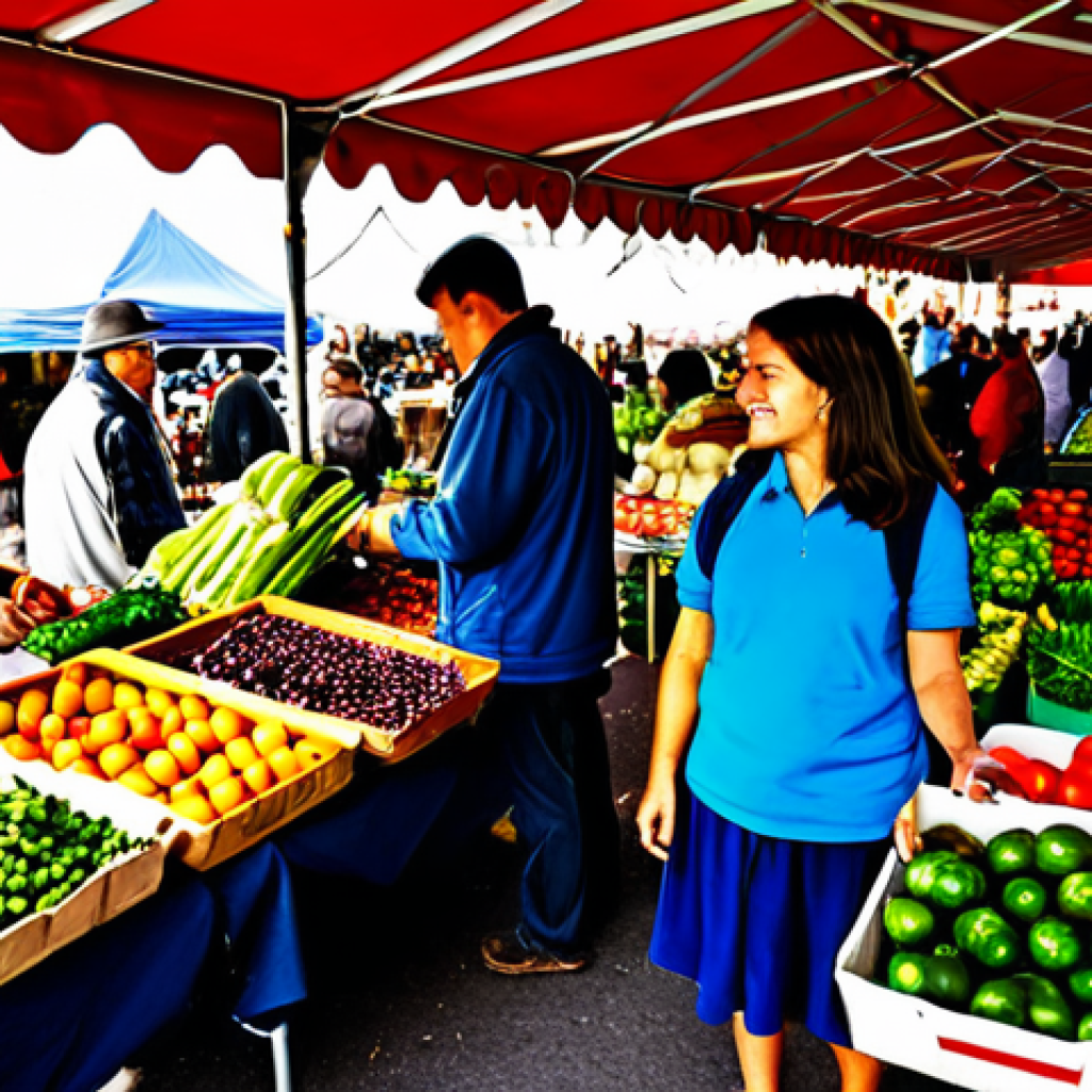 장수 지역 식단의 환경적 영향 - Local Farmers Market**
"A vibrant and bustling local farmers market scene, filled with stalls overf...