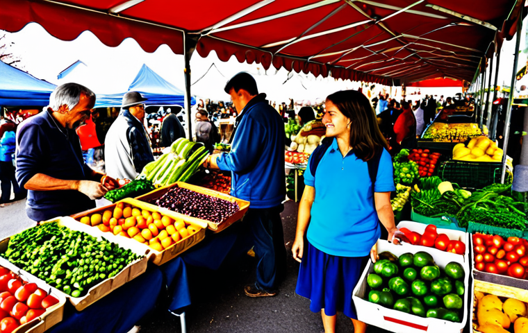 장수 지역 식단의 환경적 영향 - Local Farmers Market**
"A vibrant and bustling local farmers market scene, filled with stalls overf...