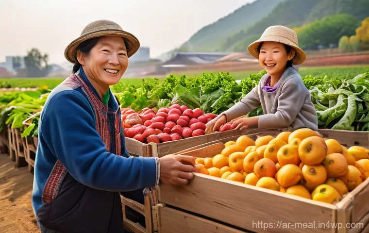 장수 지역의 지역 특산물 활용법 - **Vibrant Jangsu Harvest Festival with Smiling Farmers and Families**
    A lively and bright outdoo...