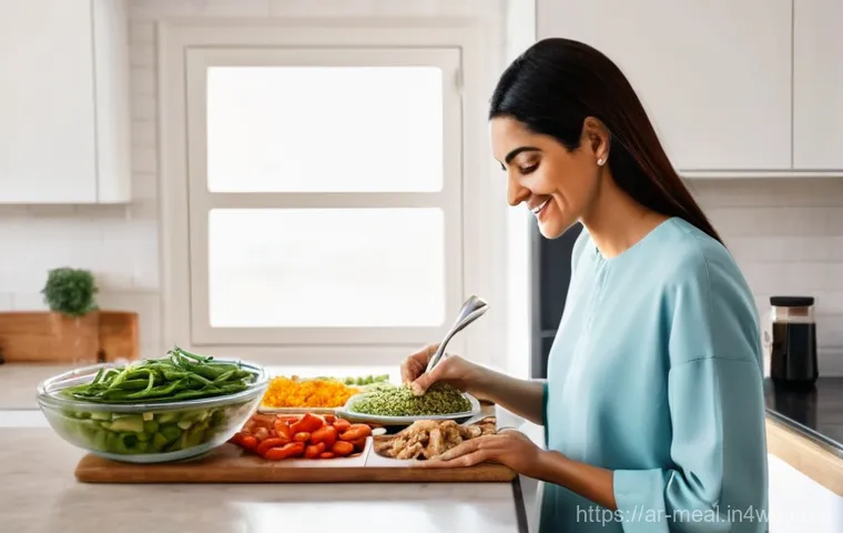 장수 지역의 음식물 쓰레기 줄이기 방법 - **Prompt:** A cozy, modern kitchen in an Arab home, bathed in soft, natural light. A woman in her ea...