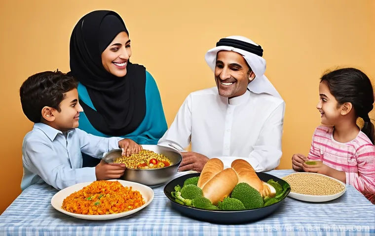 장수 지역의 식습관 변화 추세 - **Prompt:** A heartwarming and nostalgic scene depicting a multi-generational Arabic family gathered...