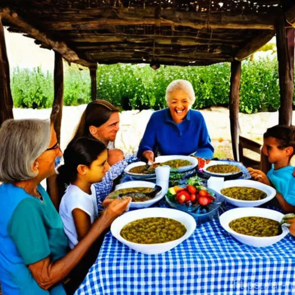 장수 지역의 고유한 조리 방법 - **Prompt 1: A joyful intergenerational meal in a sun-drenched Blue Zone village.**
    A vibrant, wa...