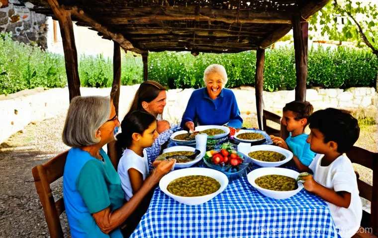 장수 지역의 고유한 조리 방법 - **Prompt 1: A joyful intergenerational meal in a sun-drenched Blue Zone village.**
    A vibrant, wa...