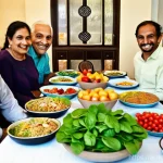 Home 22 장수 지역의 고령자 식단 맞춤 전략 - **Vibrant Family Meal for Seniors in an Arabic Home:** A multi-generational Arab family shares a hea...