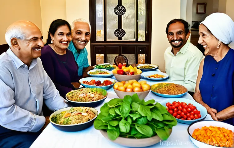 장수 지역의 고령자 식단 맞춤 전략 - **Vibrant Family Meal for Seniors in an Arabic Home:** A multi-generational Arab family shares a hea...