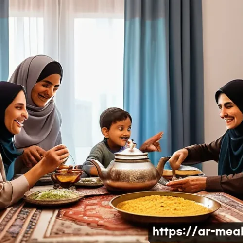 Home 32 장수 지역의 식사에서의 커뮤니티 역할 - **Prompt 1:** A warm and inviting family dining scene in a traditional Arabic home. The table is lad...