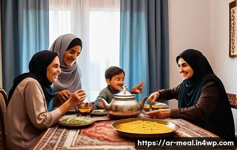 장수 지역의 식사에서의 커뮤니티 역할 - **Prompt 1:** A warm and inviting family dining scene in a traditional Arabic home. The table is lad...