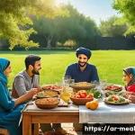 Home 19 장수 지역 주민의 식단 공유 플랫폼 - A vibrant traditional Middle Eastern family meal scene set outdoors in a sunny garden, featuring mul...