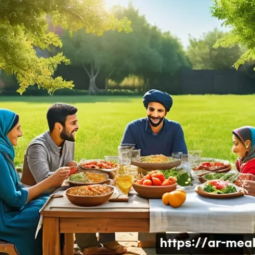 Home 31 장수 지역 주민의 식단 공유 플랫폼 - A vibrant traditional Middle Eastern family meal scene set outdoors in a sunny garden, featuring mul...