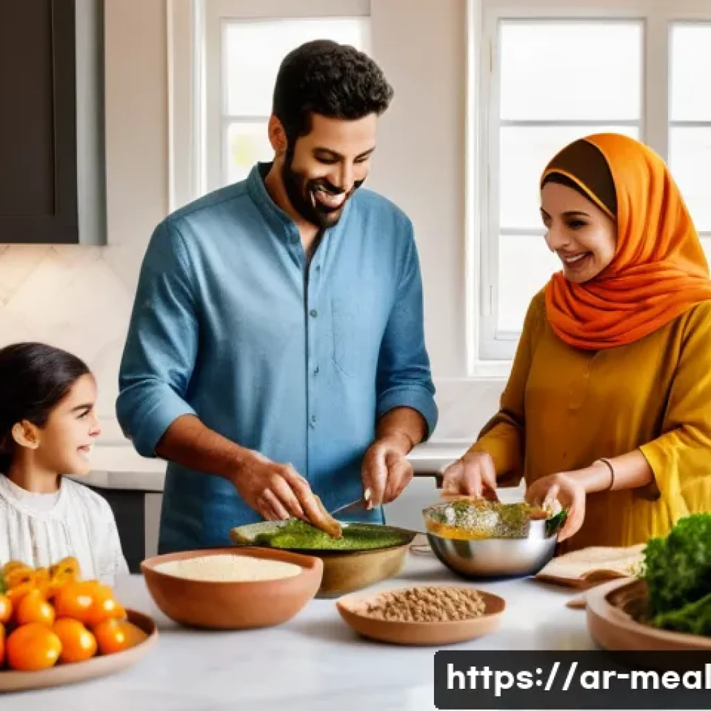 장수 지역의 식사와 영양 교육 프로그램 - A vibrant Middle Eastern family preparing a healthy meal together in a sunlit kitchen, featuring fre...