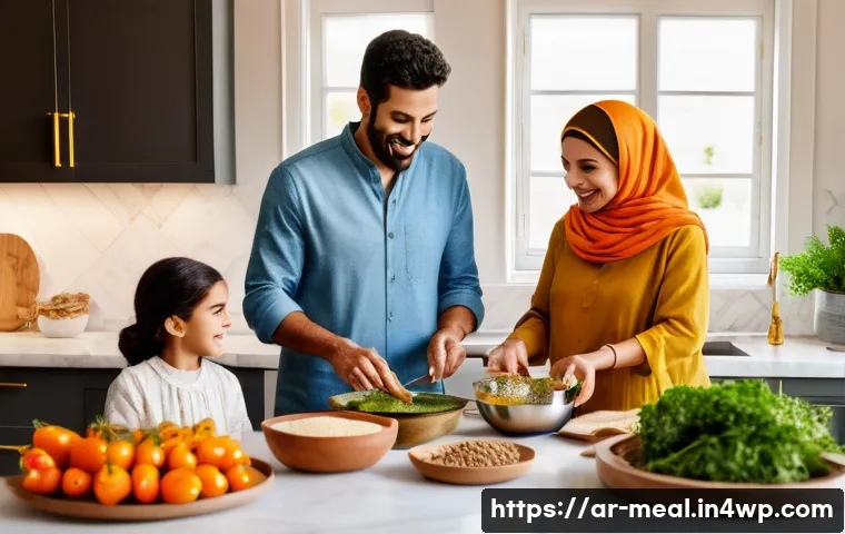 장수 지역의 식사와 영양 교육 프로그램 - A vibrant Middle Eastern family preparing a healthy meal together in a sunlit kitchen, featuring fre...