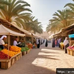 Home 23 장수 지역의 식품 조달 및 유통 경로 - A vibrant farmers' market scene in an Arabic village known for longevity, showcasing local farmers a...