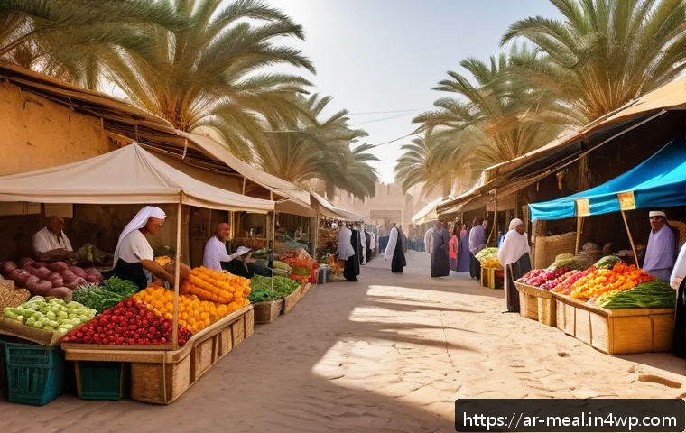 장수 지역의 식품 조달 및 유통 경로 - A vibrant farmers' market scene in an Arabic village known for longevity, showcasing local farmers a...