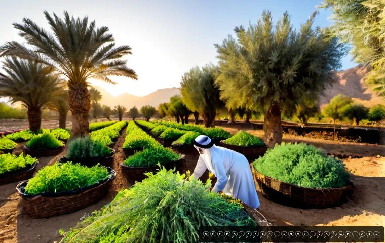 장수 지역의 지역 농산물 활용 방안 - Photorealistic wide-angle scene of a sustainable oasis farm in an Arab longevity region, an elderly ...