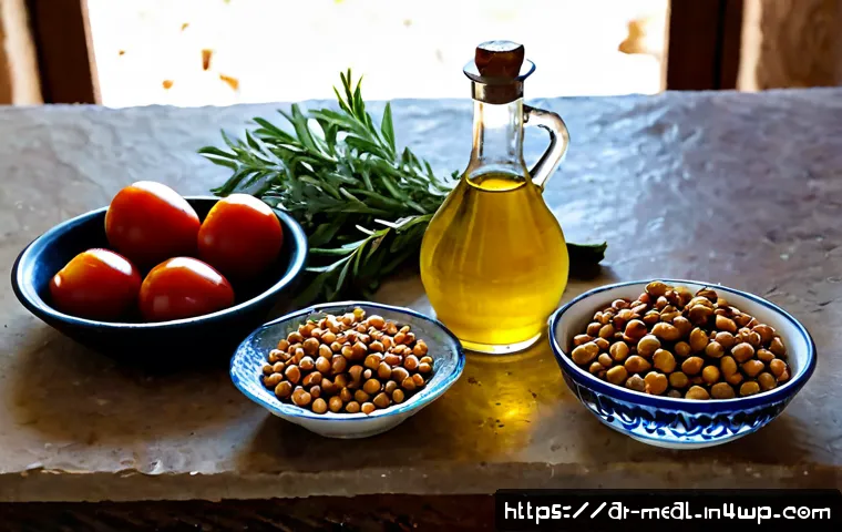 장수 지역에서 쉽게 구할 수 있는 슈퍼푸드 - Photorealistic overhead still life of easily sourced longevity-region superfoods arranged on a warm ...