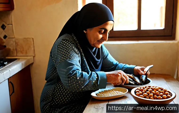 장수 지역의 뼈 건강을 위한 식단 - Photorealistic warm morning scene in a traditional Arab family kitchen, a healthy older Arab woman w...