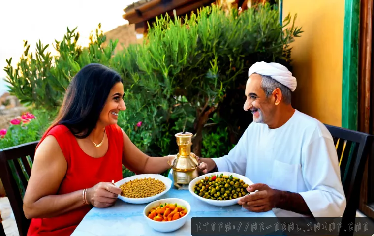 장수 지역의 식사와 정신 건강의 관계 - Photorealistic lifestyle scene in a peaceful Arab coastal village, an active older Arab couple shari...